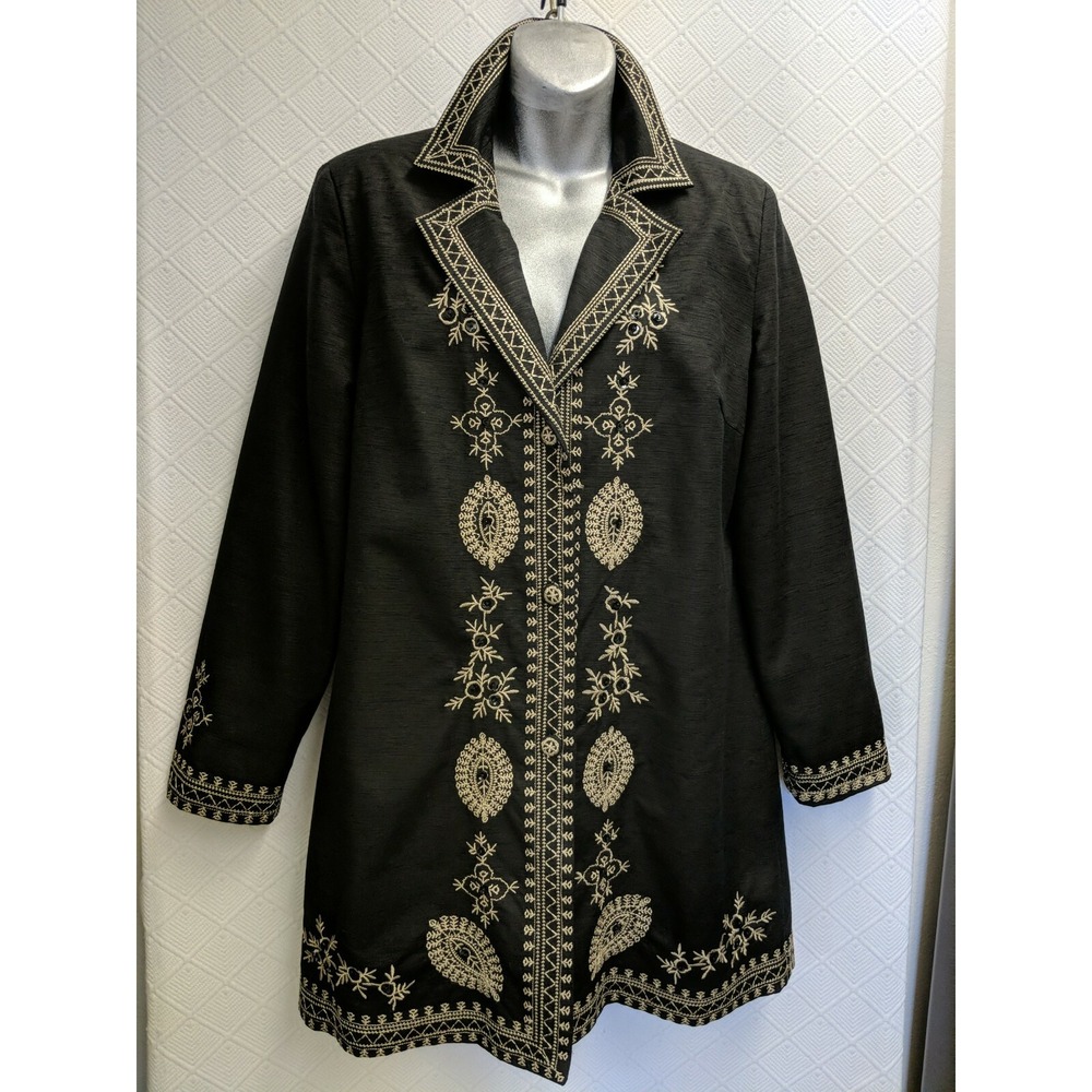 T. Renz By Theresa Renz (M) NEW! Black Silk Embroidered Swing Coat